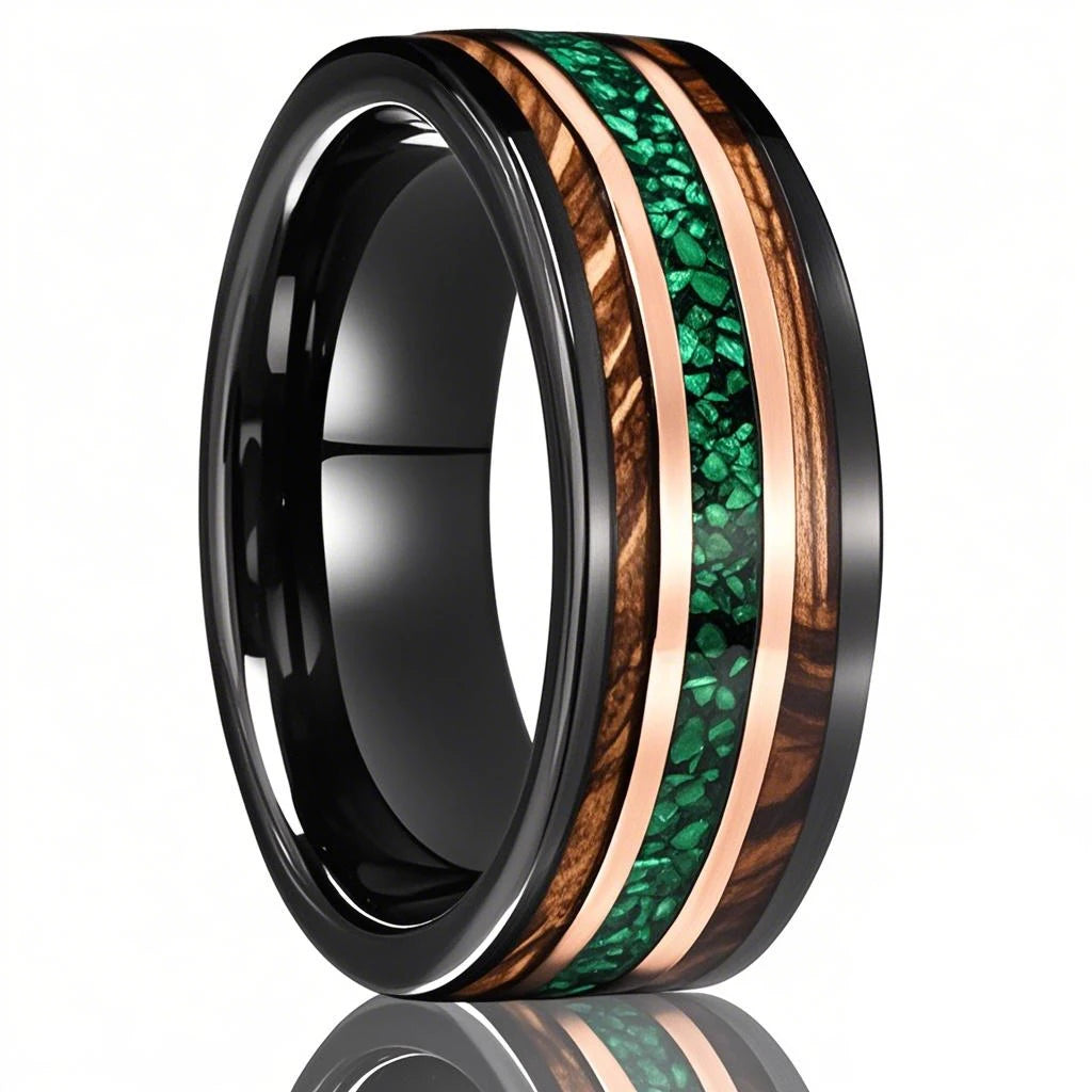 Green Opal and Whiskey Cask Tungsten Ring