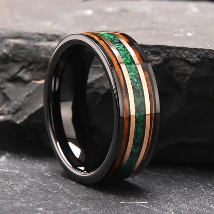 Green Opal and Whiskey Cask Tungsten Ring