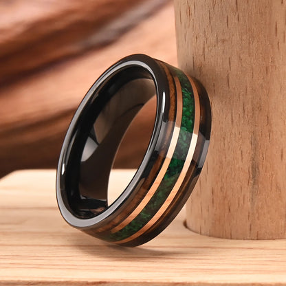 Green Opal and Whiskey Cask Tungsten Ring