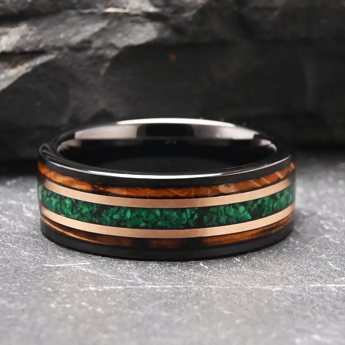 Green Opal and Whiskey Cask Tungsten Ring