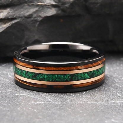 Green Opal and Whiskey Cask Tungsten Ring
